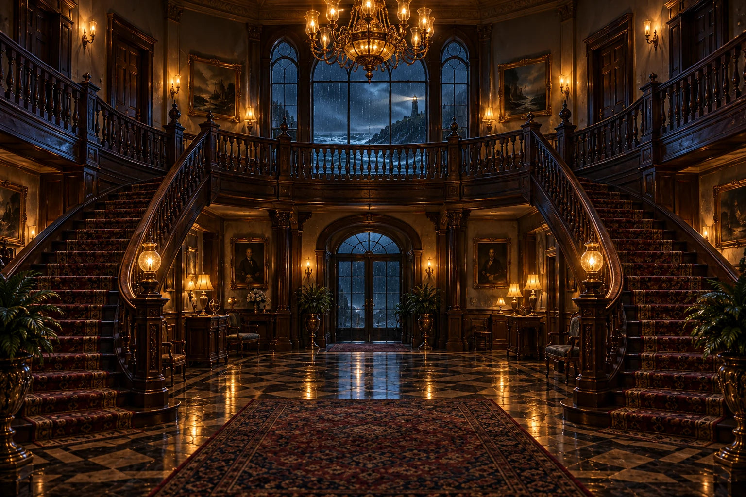A Victorian coastal mansion entrance hall with two sweeping staircases, carved wooden galleries and warm chandelier light